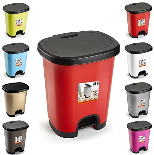 PLASTIFIC Poubelle à pédale de 18 l - Poubelle en plastique pour cuisine, bureau - Rouge avec couvercle noir (D2)