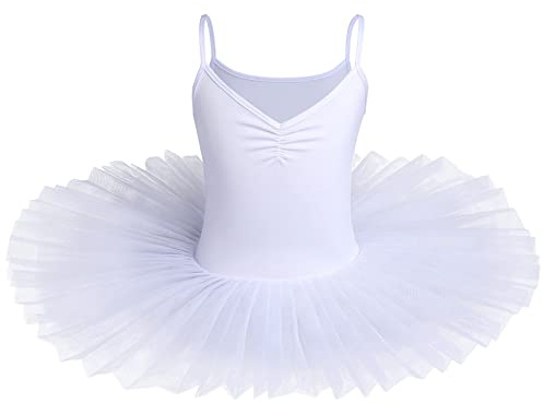 IBAKOM Kinder Mädchen Ballettkleid Schwanensee Kostüm Tanz Tutu V-Ausschnitt Camisole Gymnastikanzug Ärmellos Ballerina Gymnastik Outfit Tanzkleidung, weiß, 9-10 Jahre