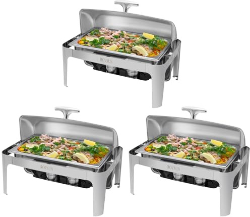 ROVSUN 3-Pack Roll Top Chafing Dish Buffet Set,9 Quart Full Size Pan Chafer, Stainless Steel Rectangular Set for Wedding,Parties,Banquet, Catering Events