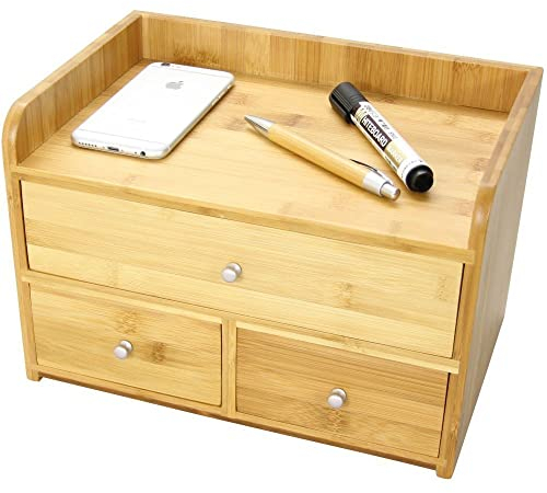 Woodquail Grande Organizer da Scrivania con 3 Cassetti, Porta Documenti da Scrivania, Realizzato in Bambù Naturale