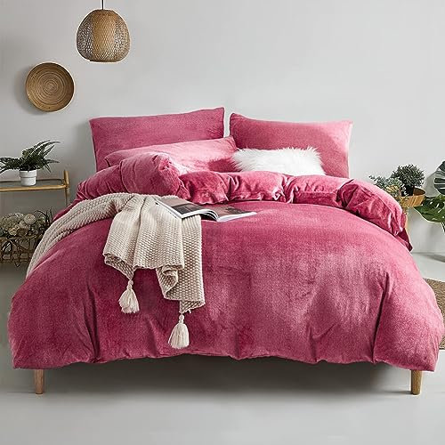 Damier Winter Plush Bed Linen 200 x 220 cm Red Warm Cashmere Coral Fleece Bed Linen Set with Zip and 2 Pillowcases 80 x 80 cm