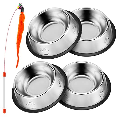 4 Gamelle Chat INOX + Jouet pour Chat,Bol Chat,Gamelle pour Chat,Gamelle Eau Chat,Bol pour Chat