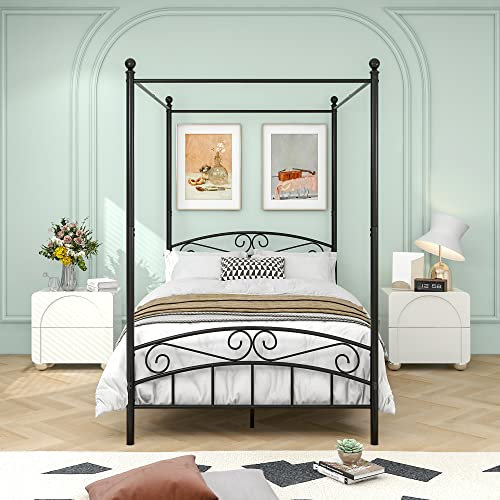 WEALTHGIRL Himmelbett-Gestell Metall Himmelbett Eisenbett mit Himmel Metallbett Klassisch Design Schlafzimmerbett Bettrahmen ohne Matratze (Schwarz,120 x 200 cm)