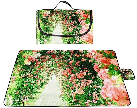 TengYuer Picknickdecke 180x200cm Stranddecke Wasserdicht Sandfrei Isoliert Faltbar Strandmatte mit Tragegriff Outdoor Campingdecke XXL für Camping Parks Strände Picknick Rosa Blumen