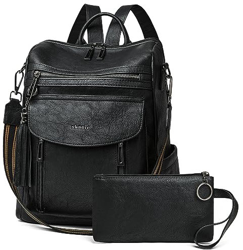 Shrrie Rucksack für Damen, modischer Leder-Rucksack, Geldbörse, Designer-Reiserucksack, Schultertasche, 2-2 zweifarbig, schwarz, Reiserucksäcke
