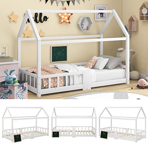 MYBOO Kinderbett Hausbett 90 x 200 cm, Holzbett für Kinderzimmer, inkl. Tafel|Lattenrosten|Rausfallschutz, aus Kiefernholz, Weiß (ohne Matratze)