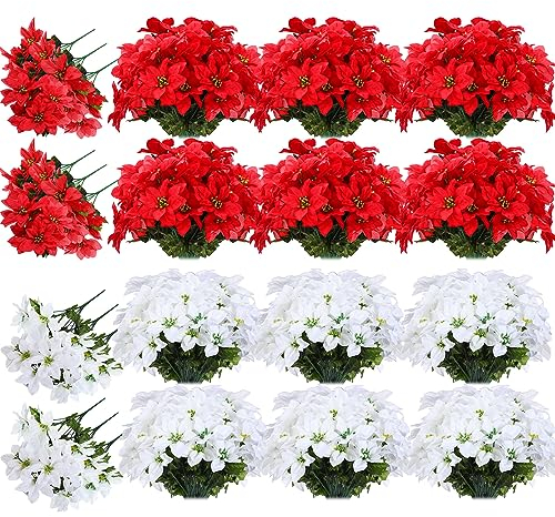 meekoo Künstliche Weihnachtssterne mit 7 Köpfen, künstliche Blumen mit Stiel, Weihnachtsstern, Weihnachtsbaumschmuck für Zuhause, Hochzeit, Party, Tisch, Innenhof, Außenbereich, Friedhof, Dekoration