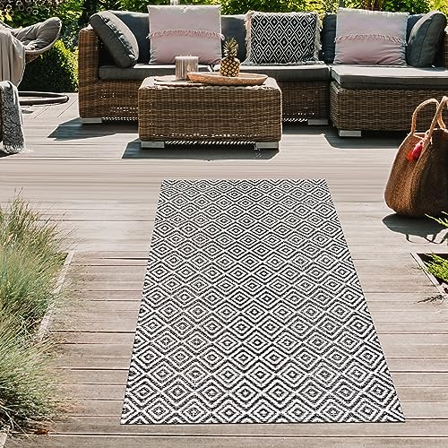 Teppich-Traum Outdoor Teppich Kunststoff Camping Balkon Garten Terrasse wetterfest wasserfest Läufer wendbar Karo-Muster schwarz-weiß 90 x 150 cm