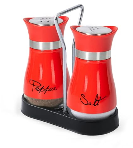 Set de 2 Salières et Poivrières en Acier Inoxydable et Verre, Salière et Poivrière de Qualité Supérieur, Pot a Sel Accessoires de Cuisine (Rouge)