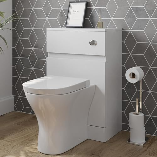 Artis® Luna Modern Bathroom Cloakroom Back to Wall BTW Toilet WC 500mm Furniture Unit D Shape Pan Soft Close Seat Dual Flush Cistern, White Gloss