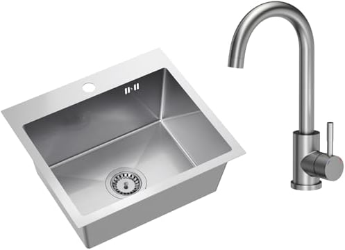 VBChome Edelstahlspüle mit Armatur 50 x 45 cm Gebürsteter Edelstahl Einbauspüle mit Hahnloch Edelstahl Küchenspüle Spüle Groß Becken Ablaufgarnitur Siphon Edelstahlspüle Gebürstet mit Armatur