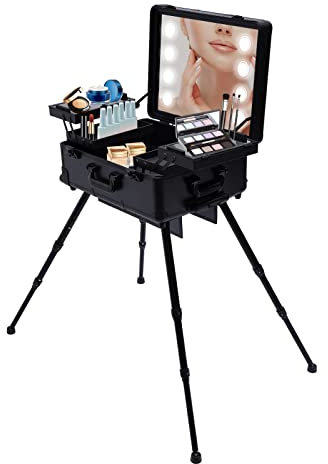Professionelle kosmetische Koffer, Fall Trolley Verstellbare Beine Make-up Kosmetikkoffer mit 4 Rollen, Lampe Spiegel Schminktisch Beauty (Schwarz)