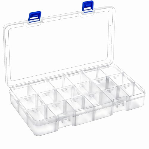 DIFIT 18 Grids Clear Plastic Storage Containers with Lids Adjustable Dividers Small Tool Box Fishing Tackle Box Jewelry Organizer for Organizer Earring Beads Tackle, Set of 1