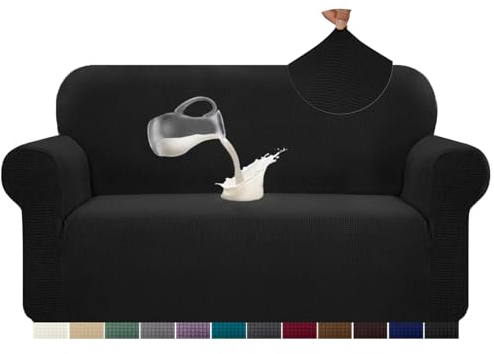 Alishomtll Sofa Überzug 2 Sitzer Stretch Sofabezug Universal Wasserabweisend Couch Überzug Sofaüberwürfe Elastische Jacquard Couchbezug rutschfest Sofaschoner für Hunde Katzen (140-185cm, Schwarz)