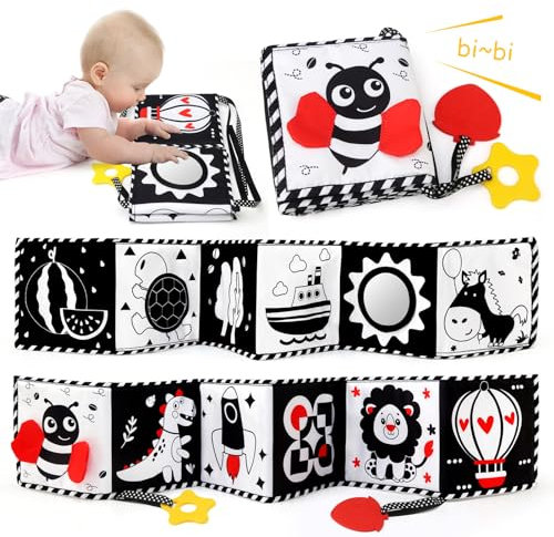 Ballery Juguetes Sensoriales Bebe, Juguetes Montessori Bebes 0-12 Meses, Blanco y Negro Libros Blandos Juguetes con Espejo, Doble-Cara Libros Blandos para Bebé 0 3 6 12 Meses