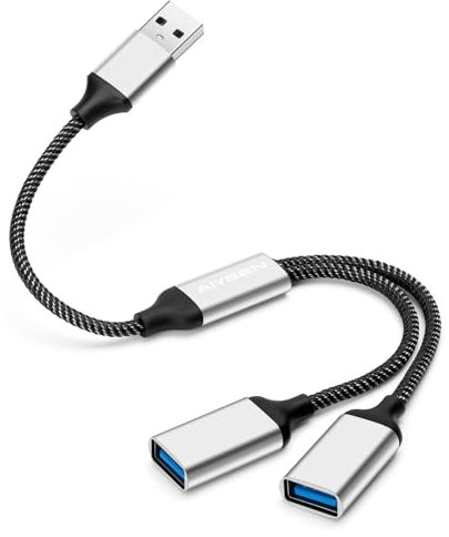 AIYEEN Cable Divisor USB, Adaptador USB A Divisor 1 en 2 Salidas, concentrador de Doble Puerto para Transferencia/Carga de Datos, Extensor Adicional Dividido de Datos (Plateado)