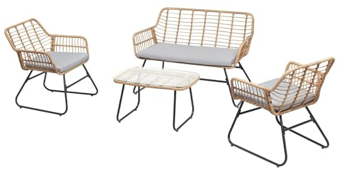 Gartenmöbel Riviera, Schwarz & Braun - Zweisitzer Loungeset mit 2 Sesseln und Beistelltisch, kleines Gartensofa aus Polyrattan, Metallgestell wetterfest