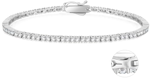 KRKC&CO Tennisarmband Silber 925 für Damen, 2mm Tennis Armband Weißgold beschichtet, Zirkonia Kristall Armband Iced Out, Geburtstag Geschenk für Frauen Mädchen [Größe 17,8cm]
