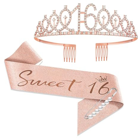 YongHang 16 Geburtstag mädchen Deko Sweet 16 Schärpe und Tiara Rose Gold 16. Geburtstag Geschenke Krone für Birthday Girl Party Dekorationen Geschenke für 16-jährige mädchen