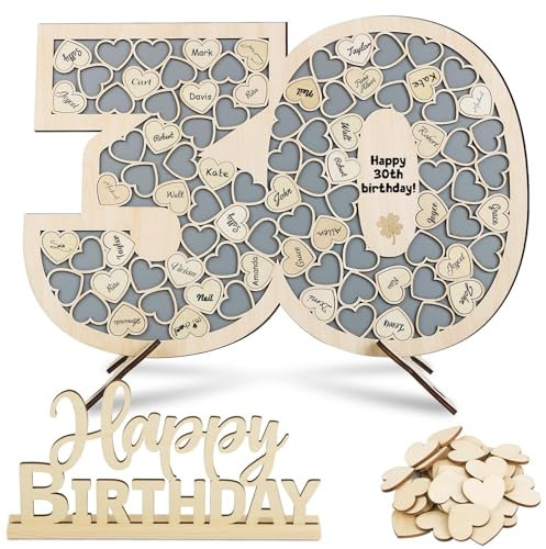 BOFUNX 30 Jahre Gästebuch aus Holz Geburtstag Gästebuch Geburtstagsdeko Geburtstagsgästebuch | 88 Holz Herzen zum Beschriften | 1 Happy Birthday Holzschild | Personalisiert Geburtstagsgeschenke