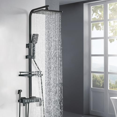 Columna Ducha Termostatica Hevenaov Columna Ducha con Grifo, Grifo Ducha Altura Regulable Termostatico con Ducha de Mano 3 Modos con indicador de temperatura Negra