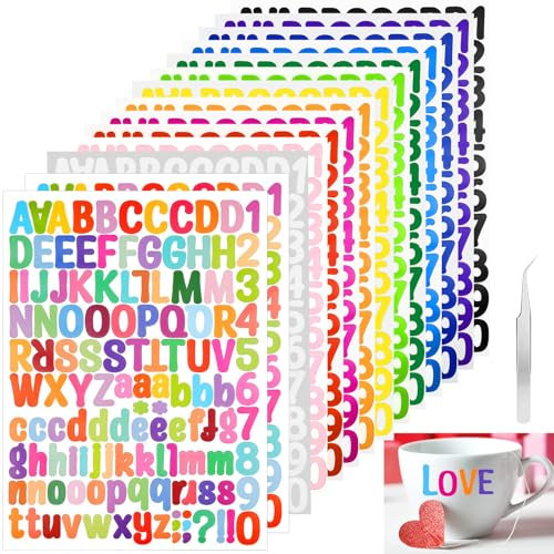 Celepoir 1764 Stück Buchstaben Aufkleber mit Pinzette, 14 Blätter Selbstklebendes Vinyl Buchstaben Zahlen Kit, Wasserfest Bunte Klebebuchstaben Aufkleber, für DIY Scrapbooking, Postfach, Schilder