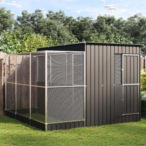 Hommdiy Voliere mit Erweiterung,Silbern Stahl, Vogelkäfig mit abschließbarer Flügeltür, Vogelvoliere für Papageien Wellensittiche,Vogelbauer Vogelhaus290 x 303 x 216 cm