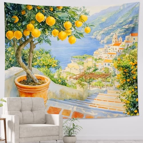 Lemon Tree Tapestry, Bright Yellow Citrus Floral Room Wall Hanging, Summer Aesthetic Tapestries for Bedroom, Living Room, Kitchen, Decorative Wall Art 40x60 Inch