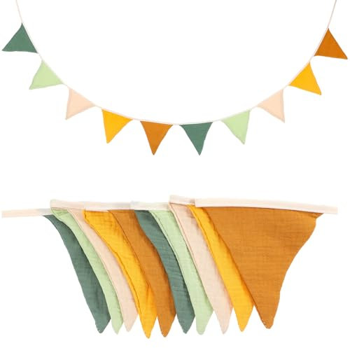 Yuanchu Wimpelkette Kinderzimmer, Doppelseitig Stoff Wimpelkette 300cm Musselin Baumwolle Kinderzimmer Deko Mädchen für Hausbett Babybett Kinderbett Wanddeko Aufhängen Girlande Dekorationen(Gelbgrün)