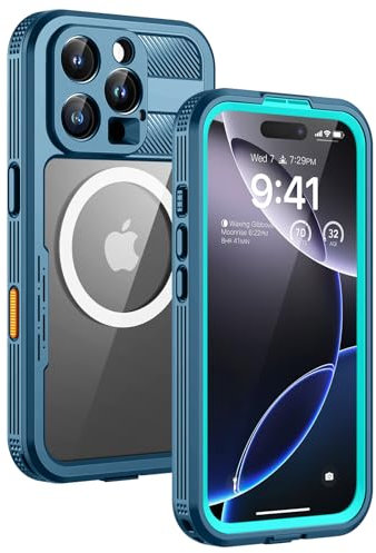 Lanhiem for iPhone 16 Pro Waterproof Case, [Compatible with MagSafe] Heavy Duty Shockproof Dustproof Cover with Built in Screen Protector, Magnetic Phone Case for iPhone 16 Pro - 6.3 inch (Blue)
