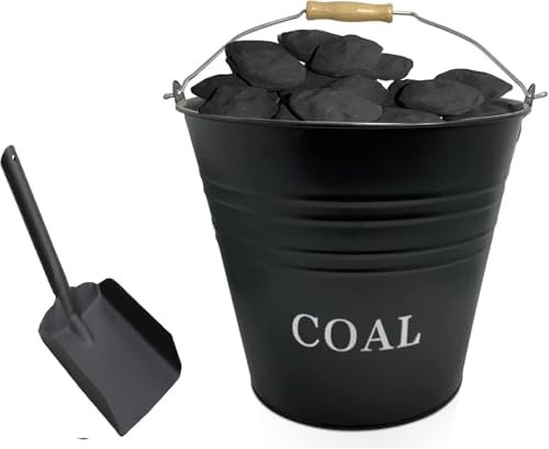 Unibos12 Liter Metal Ash Bucket Black with Free Shovel Fireside Storage Coal Ash Bin Fire Log Container with Wood Handle and Black Lid New (COAL BUCKET WITH SHOVEL)