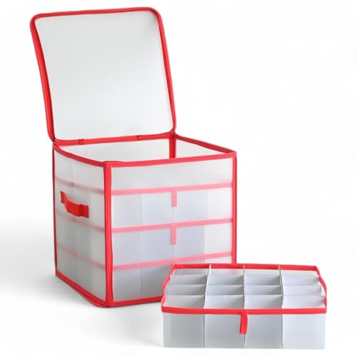 MIJOMA - Scatola portaoggetti per palline di Natale e decorazioni natalizie, pieghevole, trasparente (rossa, 31,5 x 31,5 x 31,5 x 31,5 cm, per 64 pezzi con inserti)