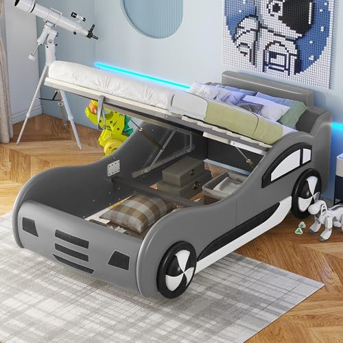 TIZZ Flachbett, Bett mit Lattenrost (ohne Matratze), Modell Autobett, Kinderbett, Autobett,Kinderbett mit Unterbettstauraum, 90 x 200cm (Grau)