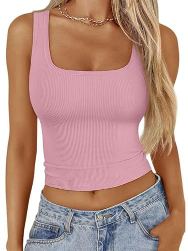 Women's Sleeveless Scoop Neck Ribbed Tank Tops Workout Crop Tops Slim Fitted Basic Cami Tee Shirts Aesthetic Vest Tops Streetwear (Pink,S)