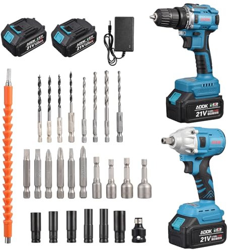 BursDany Clé à choc sans fil +perceuse sans fil Cle à choc,Clé à choc 21v, clé à choc électrique a couple réglable pour camion Voiture Changement de pneus