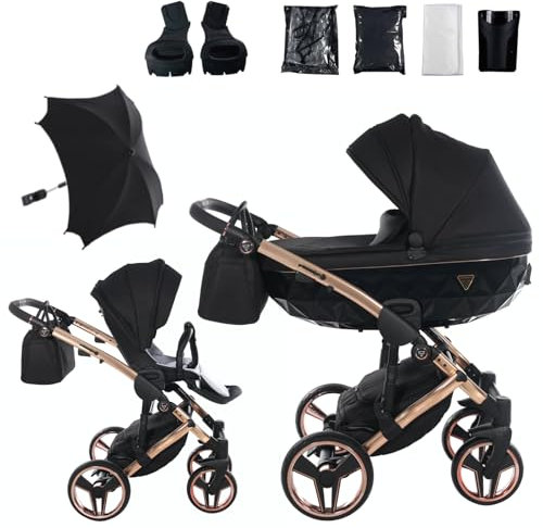 Junama Kinderwagen Diamond S 03 Schwarz und Kupfer - 2in1 3in1 4in1 mit Sonnenschirm (2 in 1 mit Adaptern)