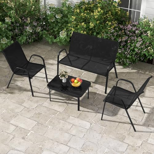 GOPLUS Salon de Jardin 4 Personnes Exterieur, 4 Pcs Canapé Exterieur avec Table Basse en Verre Trempée, 2 Fauteuils, Ensemble de Bistrot pour Terrasse,Balcon (Noir)