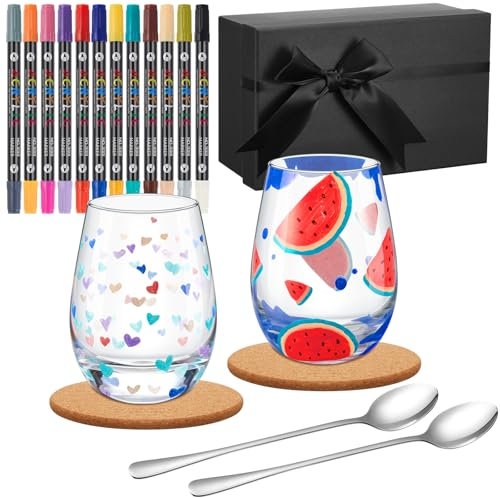 2 Set Paint Your Own Glass Mug Kit for Adults Graduation Class of 2025 Teacher Appreciation Gifts DIY Paintable Kit Include 2 Wine Glass 2 Spoon 12 Pen 2 Coaster Gift Box Birthday Wedding Gift(350ml)