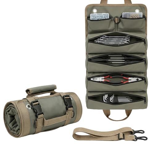 Yobobo Roll-Up Tool Organizer Bag, Olive Green and Tan, 6 Compartments with Hanging Grommets, Portable Storage Pouch with Shoulder Strap