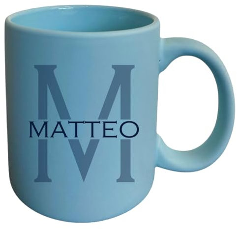Tazza colazione in ceramica celeste pastello opaco con stampa iniziale e nome possibilità di personalizzazione Idea regalo festa compleanno battesimo natale