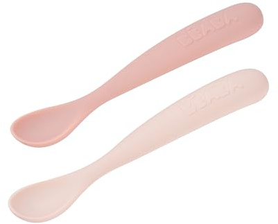BÉABA Set of 2 Silicone Spoons for Baby/Infant Early Age – from 4 Months, Soft Rounded Tip, Long Ergonomic Handle, Travel Case, Dust-Resistant Finish – Cotton Candy/Marshmallow