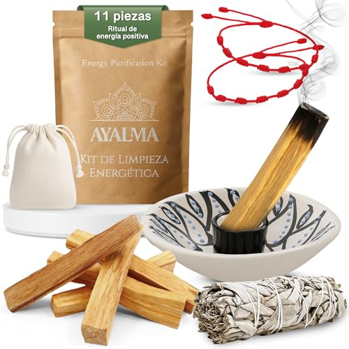 AYALMA® Kit Limpieza Energética con Palo Santo y Salvia Blanca para Quemar – Ritual de Energía Positiva con Música Medicina, Pulseras Rojas de 7 Nudos y Quemador Artesanal.