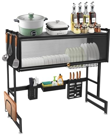 MUL-BOUTIQUE escurridor para platos encima del fregadero, escurridor de platos de doble capa de acero inoxidable, con jaula para varillas, tabla de cortar colgante, ahorro de espacio (Negro)