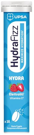 UPSA Hydrafizz Hydra Fragola, Elettroliti, 16 Compresse Effervescenti | Integratore Alimentare con Elettroliti, Sali Minerali e Vitamina C contro Stanchezza e Affaticamento