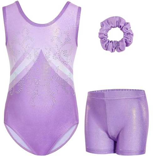 Gogokids Ärmelloses Gymnastiktrikot-Set für Mädchen, dreiteilig mit Shorts und Haargummi, Kinder Gymnastik Outfits mit Aushöhlen & überkreuztem Design, Glitzer Ballett-Einteiler für Alter 3-12