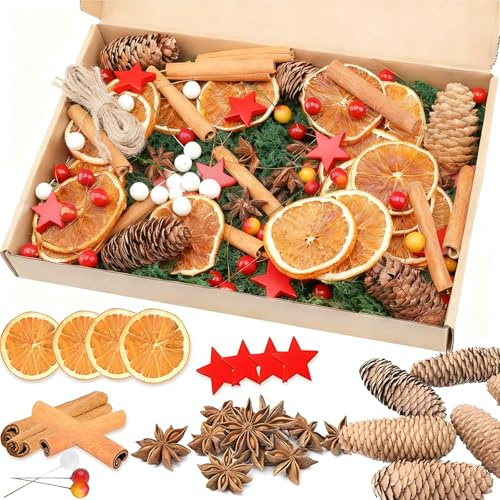 207 Stück Adventskranz Deko Natur Weihnachtskranz Deko Potpourri Weihnachten Adventskranz Bastelset mit Tannenzapfen, Beeren, Zimtstangen, Getrocknete Orangenscheiben, Sternanis, Juteschnur, Moos