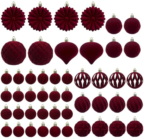 HoveeLuty Weihnachtsschmuck aus Samt, 48 Stück, weinrot, beflockte Weihnachtskugeln für den Weihnachtsbaum, Feiertags-Hängedekor, Weihnachtsschmuck-Set, Weihnachtsbaumschmuck