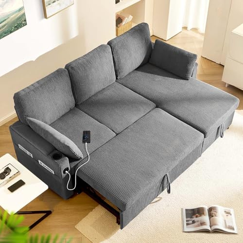 LEMROE Sofa Bed Sleeper with Storage & Pull Out Bed, L-Shaped Corduroy Grey | Convertible Corner Couch with Storage Chaise & Lift-Top Armrest, USB Ports and Cup Holders, 3-Seater Right-Hand Chaise