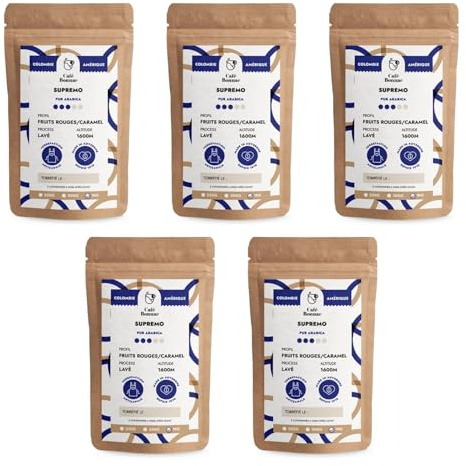 Café Bonnac –Lot de 5 × 1 kg |Café Moulu Colombie Supremo | 100% Arabica Rond Et Harmonieux | Notes De Chocolat Au Lait, Fruits Jaunes Et Noisette | Torréfaction Artisanale