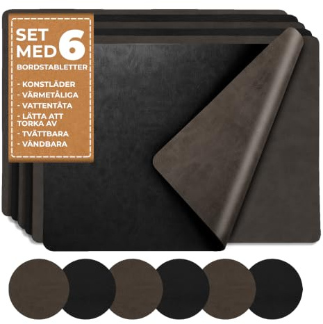 6er Set Tischsets Platzsets Abwaschbar mit Untersetzer Gläser | Beidseitig verwendbares Platzdeckchen Abwaschbar | Kunstleder Tischset Lederoptik Table Mat (Schwarz/Braun)